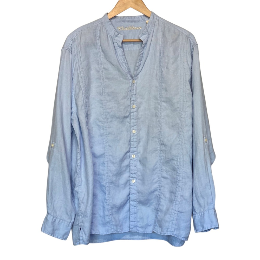 Blue 100% Linen Relaxed Button Down Shirt Womens L 90s Minimalist Coastal Travel